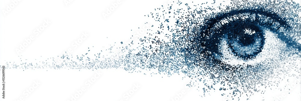Poster Pixelated Eye Dissolving Into a Clean Digital Space With a Minimalistic Design Emphasizing Modern Visuals