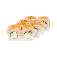 Delicious sushi rolls topped with creamy sauce and vibrant orange fish roe