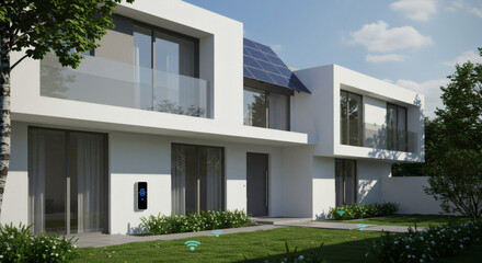 Modern Sustainable Home Design with Solar Panels and Electric Vehicle Charging Station