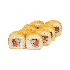 Crispy, golden-brown sushi rolls with rice, fish, and vegetables, neatly arranged on a white background