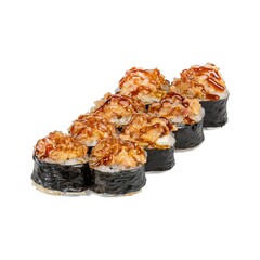 A row of vibrant sushi rolls, drizzled with spicy sauce, elegantly arranged for a tantalizing culinary display