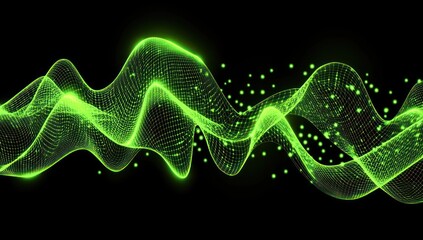 Fototapeta premium Green glowing wavy lines on a dark background.