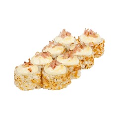 Delicious sushi rolls topped with creamy sauce and finely chopped meat