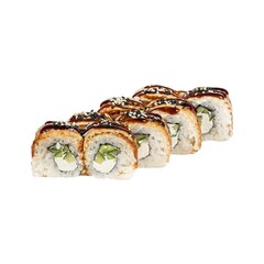 Delicious sushi rolls with cream cheese, cucumber, and sesame seeds, topped with a savory sauce