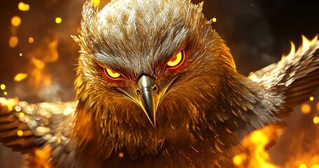 A close-up view of a bird with fiery golden eyes. The bird appears to be a fire phoenix, with its wings spread and a backdrop of flames. It is highly detailed and highly realistic