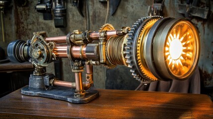 Naklejka premium Steampunk lamp, intricate gears, copper pipes, glowing sun