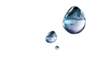 Water Droplets: Three transparent water droplets, glistening with a soft, natural light, elegantly captured in a close-up shot, representing the pure essence of hydration and the beauty of simplicity.