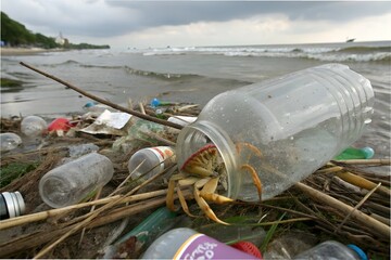 Plastic waste and trash on ocean and seashore showing marine pollution and environmental damage. A world issue affecting oceans and marine ecosystems worldwide.