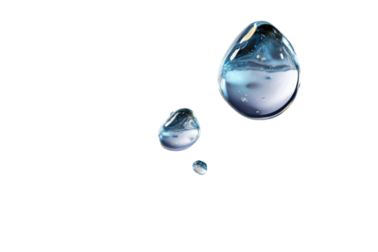 Water Droplets: Three transparent water droplets, glistening with a soft, natural light, elegantly captured in a close-up shot, representing the pure essence of hydration and the beauty of simplicity.