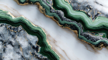 Fototapeta premium Glossy Mineral Pattern of Green Malachite and White Marble – High-End Surface for Design Projects