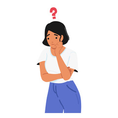Thinking woman cartoon characters showcasing questioning emotion feeling worried isolated on white