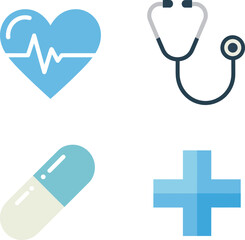 Obraz premium Essential medical symbols. Heart care, stethoscope checkup, capsule, and first aid cross icon collection for hospitals 