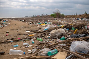 Plastic waste and trash on ocean and seashore showing marine pollution and environmental damage. A world issue affecting oceans and marine ecosystems worldwide.
