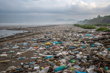 Plastic waste and trash on ocean and seashore showing marine pollution and environmental damage. A world issue affecting oceans and marine ecosystems worldwide.