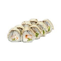 A detailed close up image of a delicious sushi roll on a clean white background