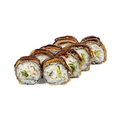 Close up of assorted sushi rolls on a clean white background