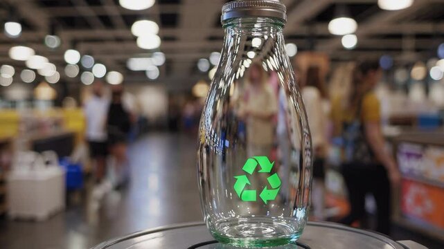 Glass bottle with green recycle mark shines in store, zero waste idea draws mindful buyers while clerk guides toward zero waste shelf, scene celebrates zero waste culture. Concept conscious packaging.