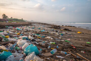 Plastic waste and trash on ocean and seashore showing marine pollution and environmental damage. A world issue affecting oceans and marine ecosystems worldwide.