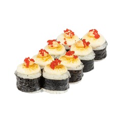 A close up of beautifully arranged sushi rolls on a white background