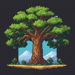 Pixel Art Tree with Green Leaves and Grass
