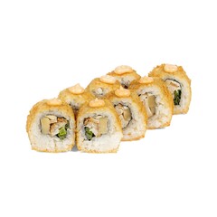 A row of delicious fried sushi rolls displayed on a white background
