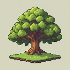 Pixel Art Tree with Green Leaves and Grass

