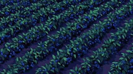 Fototapeta premium Blueberry field, stylized, rows, vibrant colors, geometric