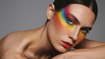 Young caucasian female with colorful eye makeup and slicked-back hair