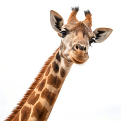 Obraz premium A giraffe with a long neck and spotted fur looks curiously at the camera