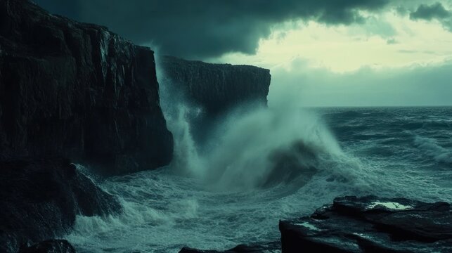 Dramatic ocean waves crashing against dark rocky cliffs on a stormy day