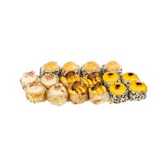 An assortment of various sushi rolls displayed on a white background
