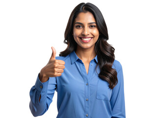  Elegant Indian Female with Blue Shirt Making Approval Gesture, Transparent.