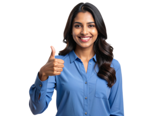  Elegant Indian Female with Blue Shirt Making Approval Gesture, Transparent.