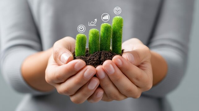 Hands cradling growing green graph representing financial growth and success, symbolizing investment and business.