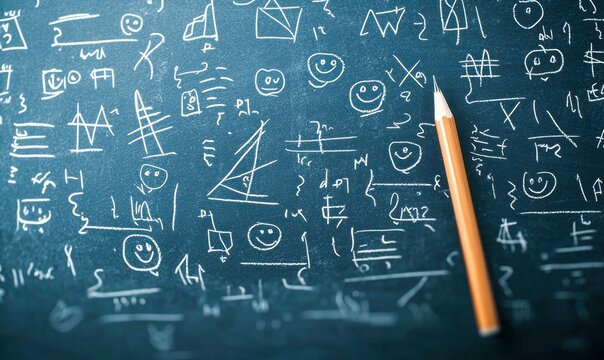 A close-up shot of a chalkboard covered in mathematical equations and drawings, with a pencil resting on the surface.