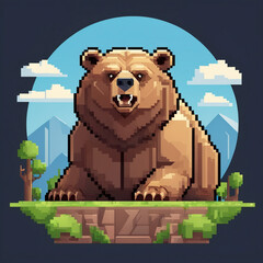 Pixel Art Grizzly Bear on Cliff, Retro Game Style
