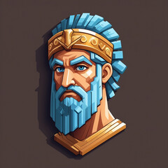 Pixel Art Greek King Portrait with Golden Crown and Blue Robe
