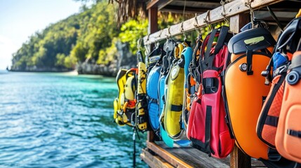 Colorful scuba gear hangs on a tropical dock