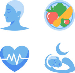 Healthy living icon set. Woman wellness, vegetable fruits diet, leafy vitamin icons and facial health habits  