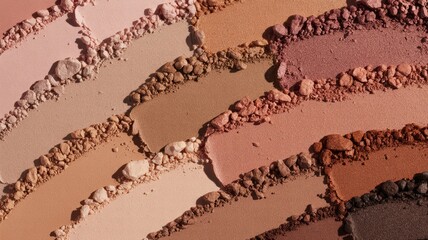 Variety of earth tone makeup powders closely arranged in layered pattern