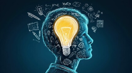 A creative illustration depicting a person with a glowing light bulb in their head, surrounded by sketches, representing ideas and innovation.
