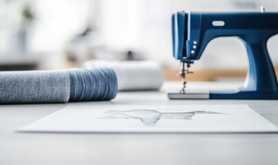 A sewing machine and thread spools sit beside a sketch on a table, capturing the essence of design and craftsmanship.