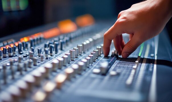 Close-up shot of a hand adjusting the controls on a professional audio mixing console in a recording studio setting.