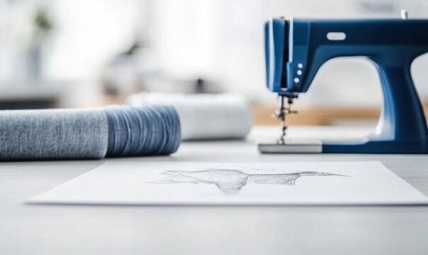 A sewing machine and thread spools sit beside a sketch on a table, capturing the essence of design and craftsmanship.