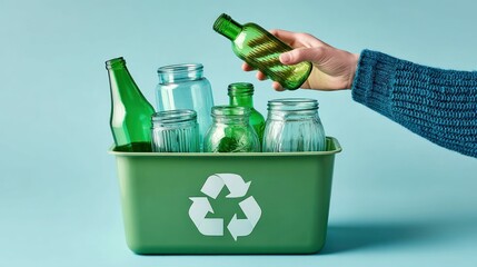 A person putting glass bottles into a recycling bin. The scene is set against a light blue backdrop.