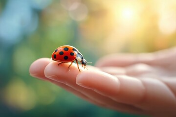 A vibrant shot of a ladybug resting on a person's hand, set against a blurred background of nature's beauty.