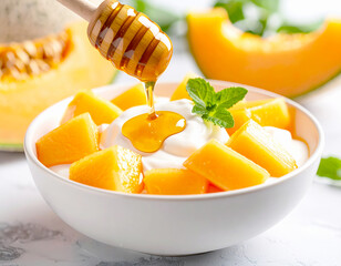 Greek yogurt bowl with fresh cantaloupe and drizzled with honey. AI