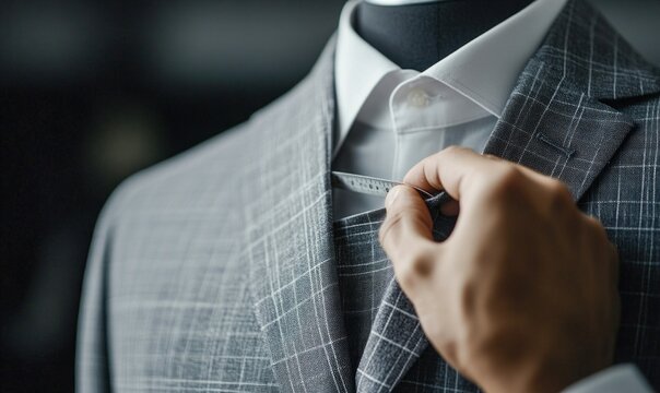 A tailor measures a tailored gray plaid suit jacket on a mannequin with a white shirt. The close-up showcases the detail and precision of tailoring.