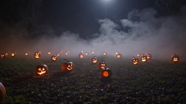 background of a pumpkin patch at night, with carved jack-o'-lanterns glowing softly, surrounded by fog and shadows