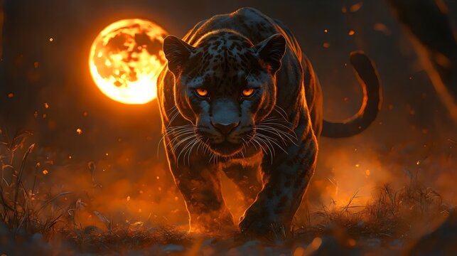 A striking black jaguar, under the light of a luminous orange moon, a truly magical scene.